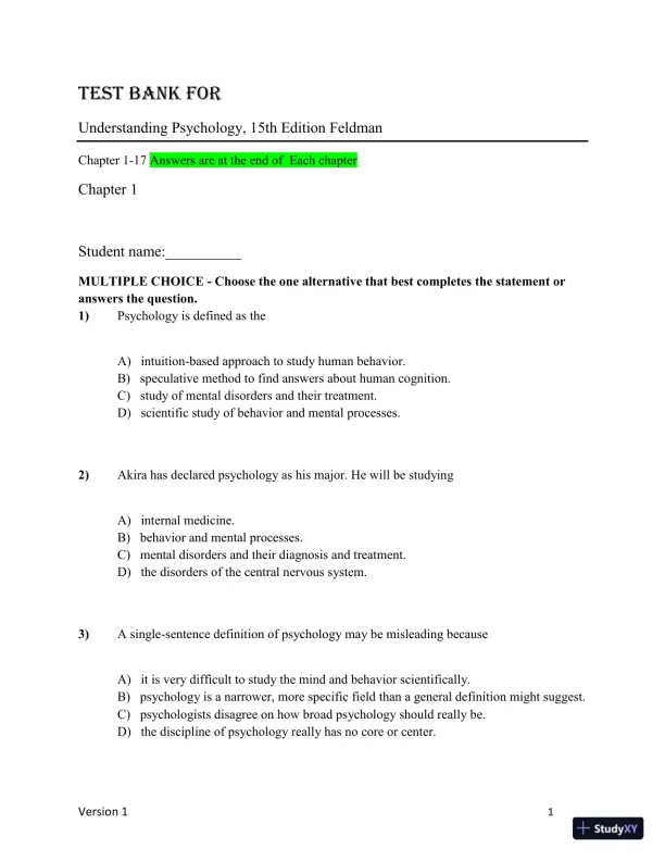 Test Bank for Understanding Psychology, 15th Edition (Chapters 1-5) - Page 1 preview image