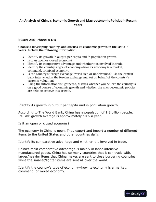 ECON 210 An Analysis of China's Economic Growth and Macroeconomic Policies in Recent Years - Page 1 preview image
