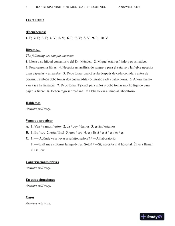 Solution Manual For Basic Spanish for Medical Personnel, Enhanced, 2nd Edition - Page 9 preview image