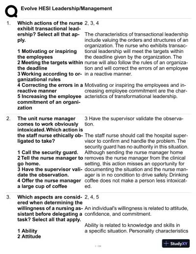 HESI Evolve Leadership/Management Practice Exam with Answers (114 Solved Questions) - Page 1 preview image