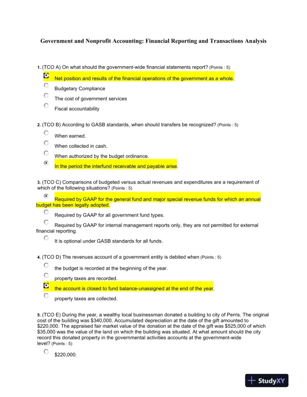 Government and Nonprofit Accounting: Financial Reporting and Transactions Analysis - Page 1 preview image