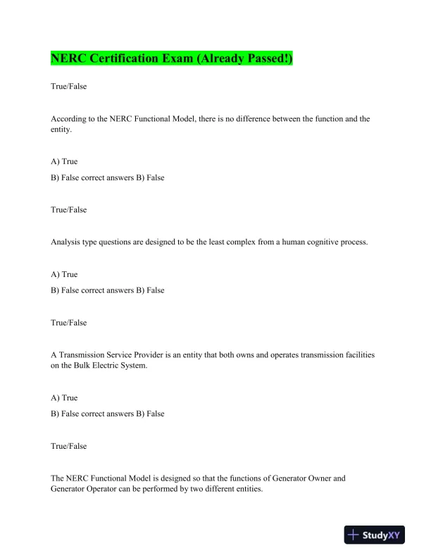 NERC Others Certification Exam With Answers (115 Solved Questions) - Page 1 preview image