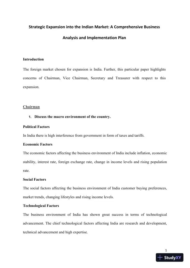 Strategic Expansion into the Indian Market: A Comprehensive Business Analysis and Implementation Plan - Page 1 preview image