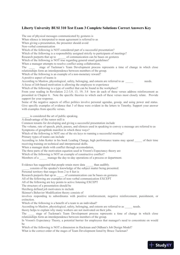 Liberty University BUSI 310 Test Exam 3 Complete Solutions Correct Answers Key - Page 1 preview image