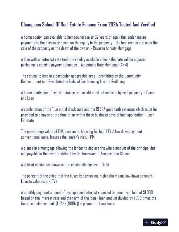 2024 Champion School of Real Estate Finance Practice Exam With Answers (145 Solved Questions) - Page 1 preview image