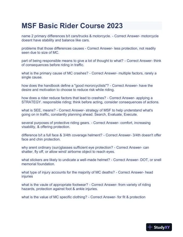 2023 MSF Others Basic Rider Course Exam With Answers (74 Solved Questions) - Page 1 preview image