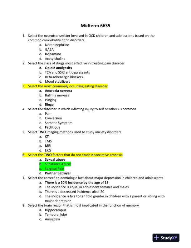 Pharmacology Midterm Exam With Answers (140 Solved Questions) - Page 1 preview image