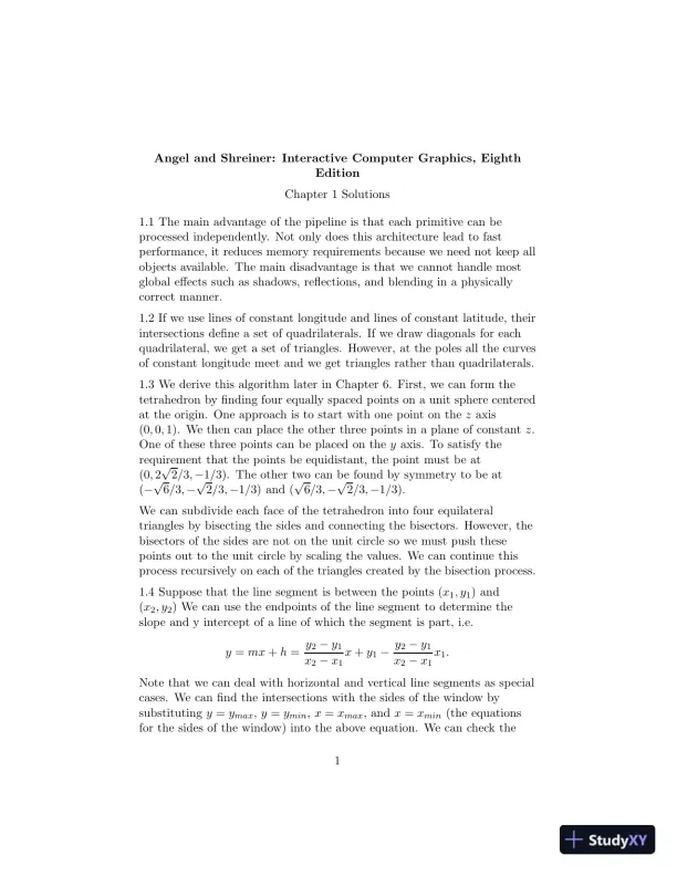 Solution Manual for Interactive Computer Graphics, 8th Edition - Page 1 preview image