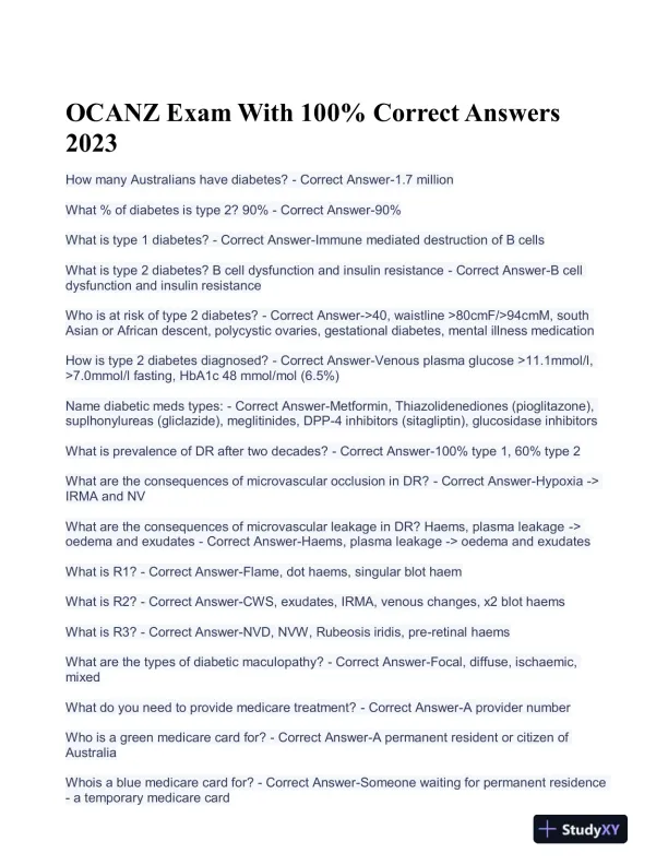 2023 OCANZ Nursing Diagnosis Practice Exam With Answers (218 Solved Questions) - Page 1 preview image