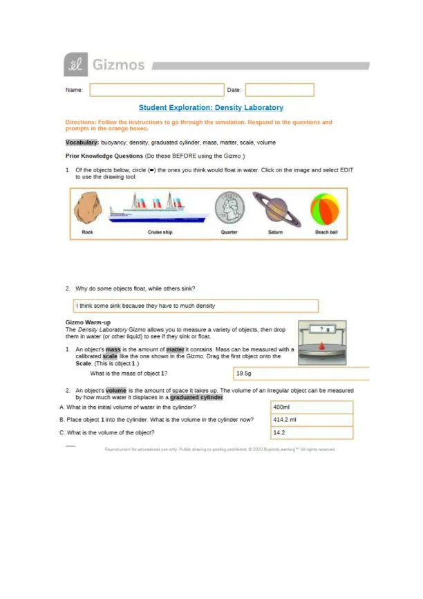 Exploring Density Measuring Mass and Volume of Obj - Page 1 preview image