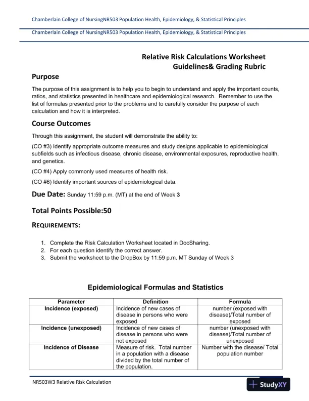 Chamberlain College of Nursing NR503 Population Health, Epidemiology, & Statistical Principles - Page 1 preview image