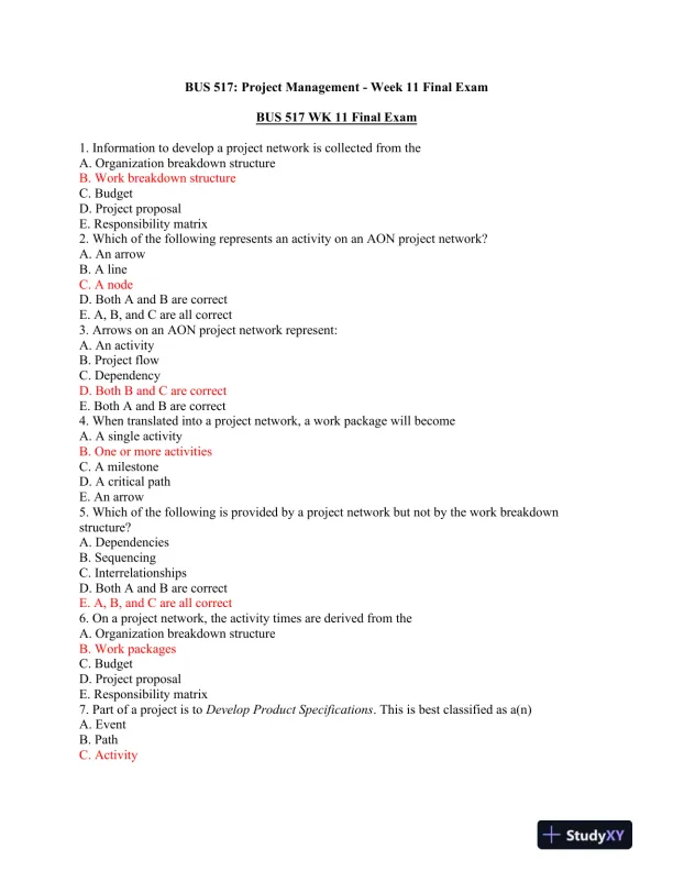 BUS 517: Project Management - Week 11 Final Exam - Page 1 preview image