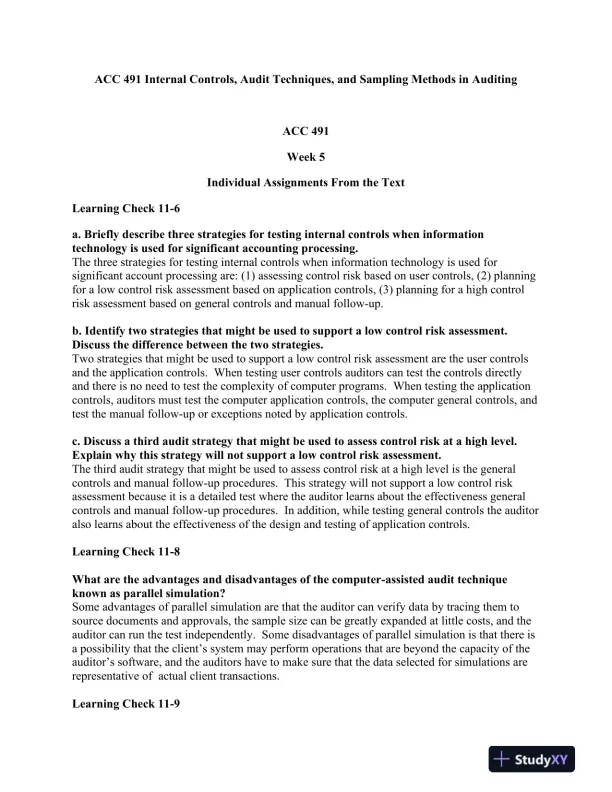 ACC 491 Internal Controls, Audit Techniques, and Sampling Methods in Auditing - Page 1 preview image