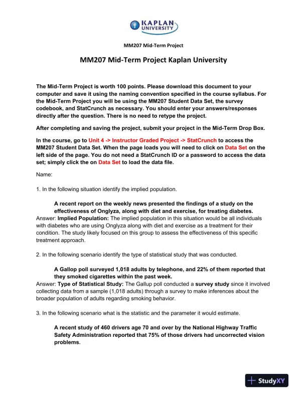 MM207 Mid-Term Project Kaplan University - Page 1 preview image
