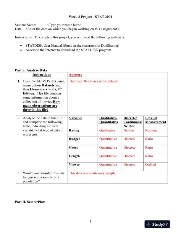 STAT 3001 Week 3 Project - Page 1 preview image