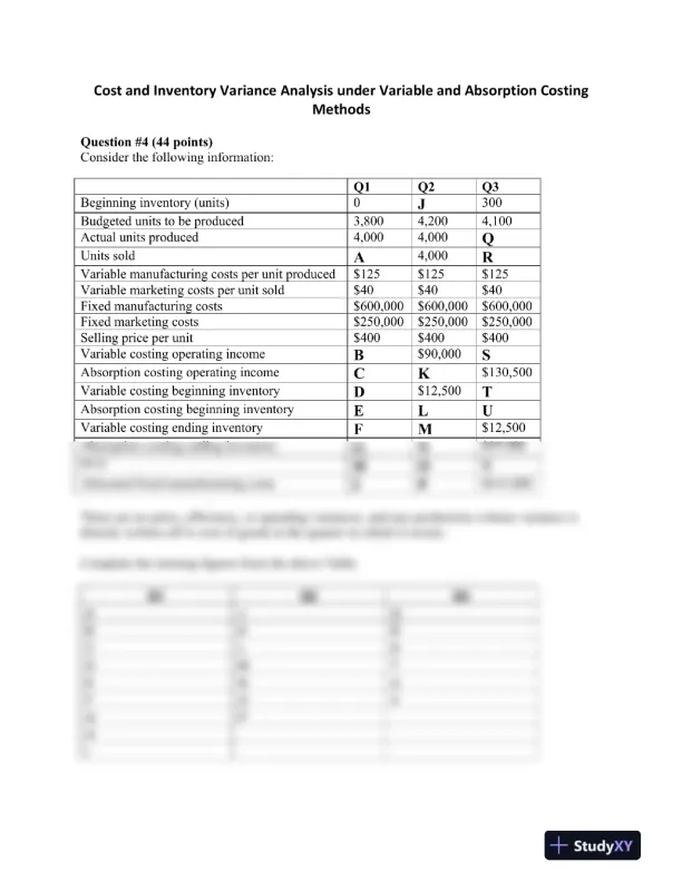 Cost and Inventory Variance Analysis under Variable and Absorption Costing Methods - Page 1 preview image