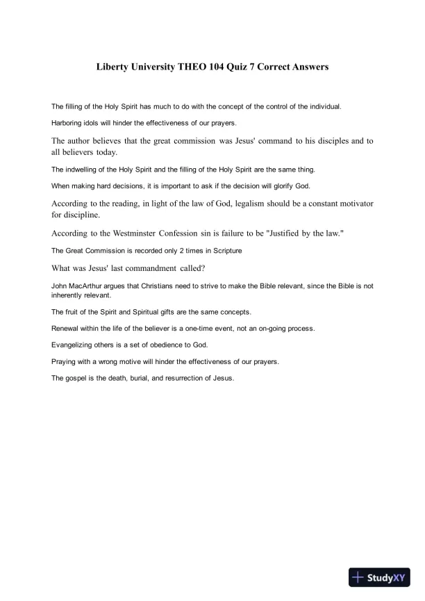 Liberty University THEO 104 Quiz 7 Correct Answers - Page 1 preview image