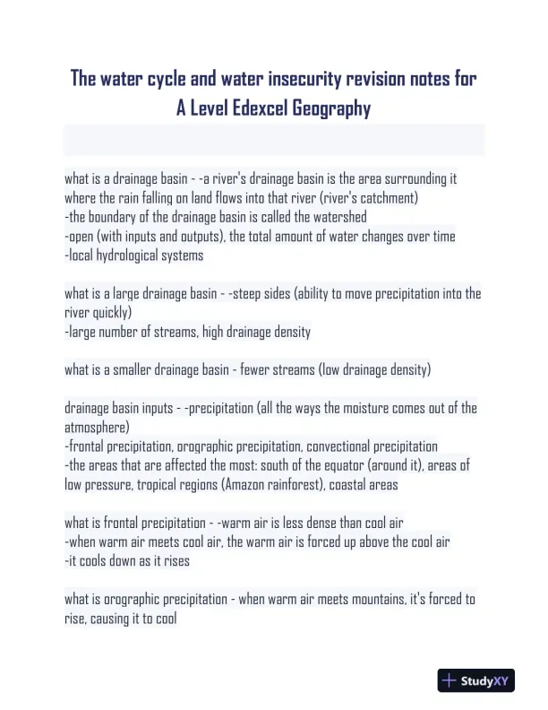The Water Cycle And Water Insecurity Notes With Answers (134 Solved Questions) - Page 1 preview image