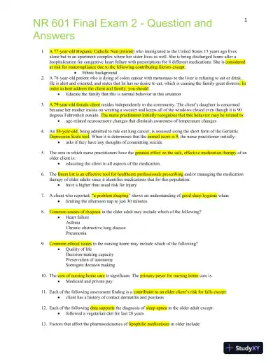 2021 NR601 Chamberlain College of Nursing Health Assessment Final Exam 2 With Answers (100 Solved Questions) - Page 1 preview image