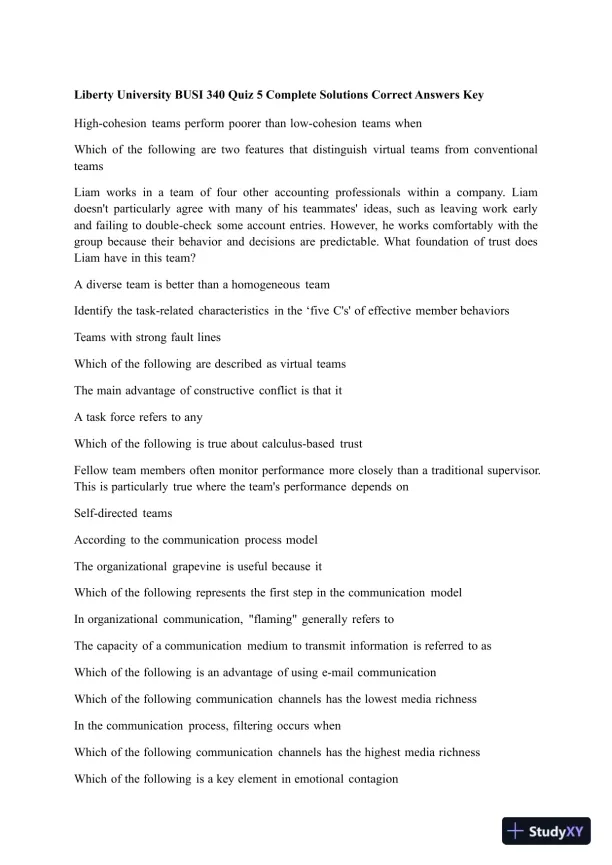Liberty University BUSI 340 Quiz 5 Complete Solutions Correct Answers Key - Page 1 preview image