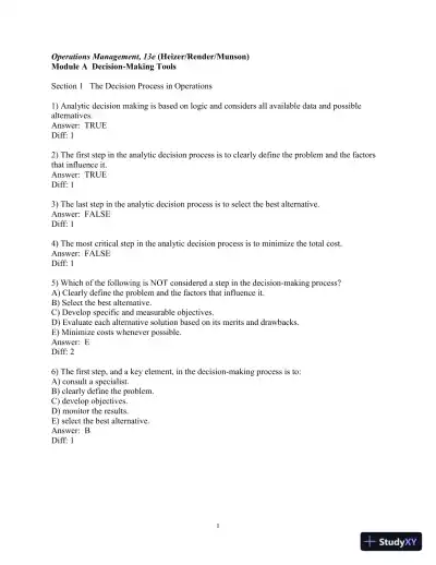 Test Bank for Operations Management: Sustainability and Supply Chain Management, 13th Edition - Page 1 preview image