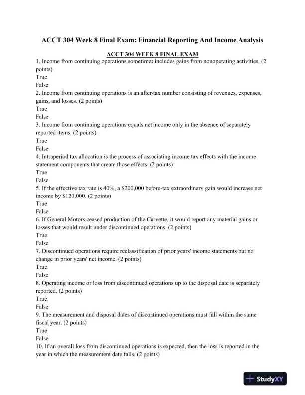 ACCT 304 Week 8 Final Exam: Financial Reporting And Income Analysis - Page 1 preview image