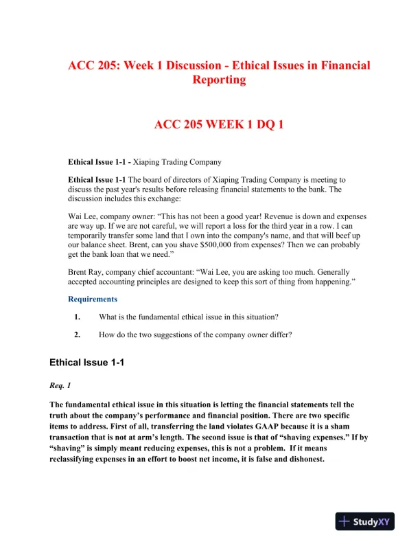 ACC 205: Week 1 Discussion - Ethical Issues in Financial Reporting - Page 1 preview image