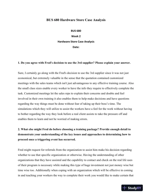 BUS 680 Hardware Store Case Analysis - Page 1 preview image