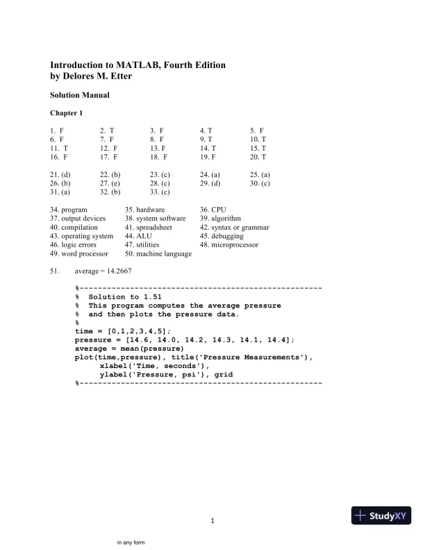 Introduction to MATLAB, 4th Edition Solution Manual - Page 1 preview image