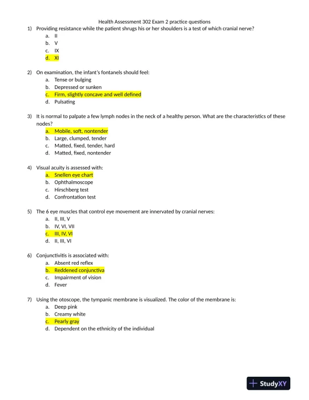 NR302 Health Assessment Exam 2 Practice Question With Answers (10 Solved Questions) - Page 1 preview image