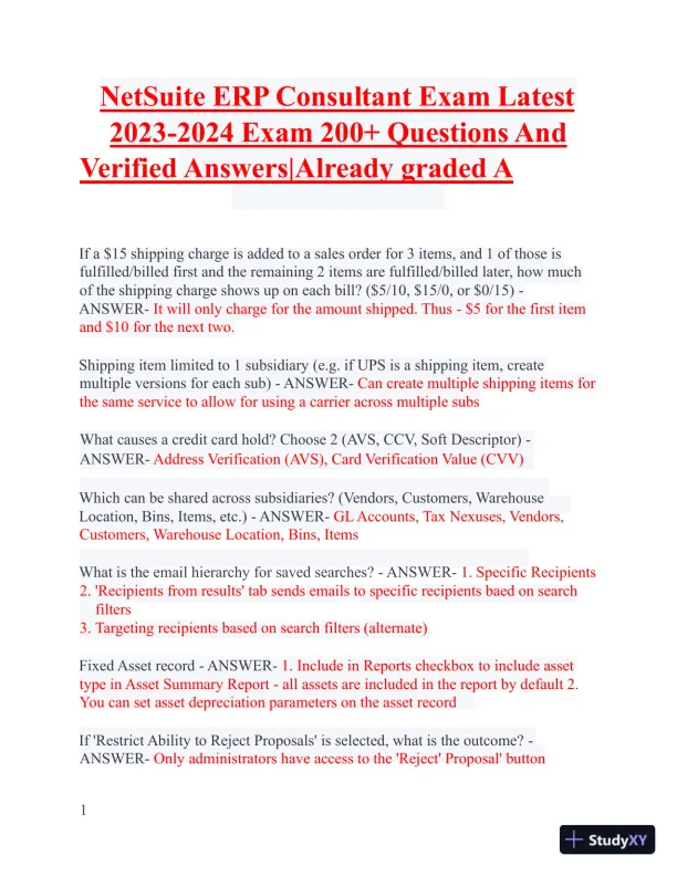 2023-2024 NetSuite ERP Consultant Exam with Answers (183 Solved Questions) - Page 1 preview image