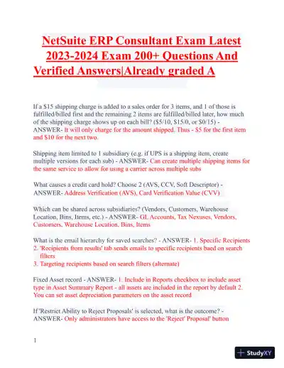 2023-2024 NetSuite ERP Consultant Exam with Answers (183 Solved Questions) - Page 1 preview image