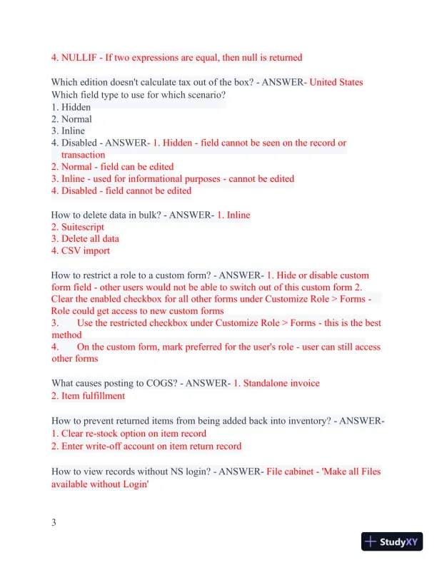 2023-2024 NetSuite ERP Consultant Exam with Answers (183 Solved Questions) - Page 4 preview image