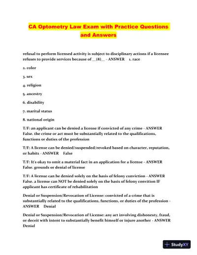 CA Optometry Law Practice Exam with Answers (187 Solved Questions) - Page 1 preview image