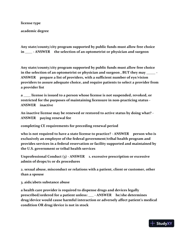 CA Optometry Law Practice Exam with Answers (187 Solved Questions) - Page 6 preview image