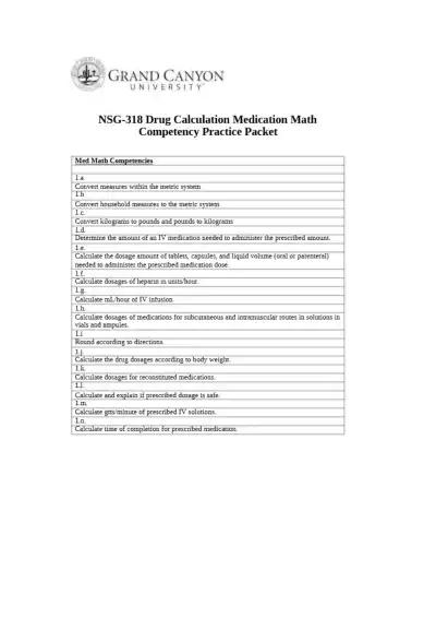 NSG318 Drug Calculation Medication Math Competency - Page 1 preview image