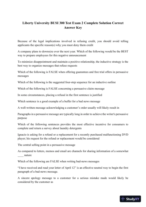 Liberty University BUSI 300 Test Exam 2 Complete Solution Correct Answer Key - Page 1 preview image