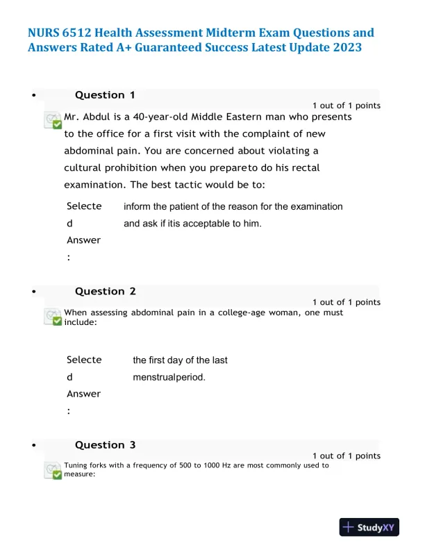 2023 NURS6512 Health Assessment Midterm Exam With Answers (100 Solved Questions) - Page 1 preview image