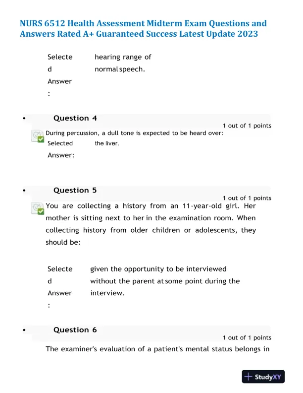 2023 NURS6512 Health Assessment Midterm Exam With Answers (100 Solved Questions) - Page 3 preview image