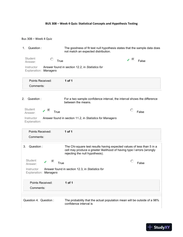 BUS 308 � Week 4 Quiz: Statistical Concepts and Hypothesis Testing - Page 1 preview image