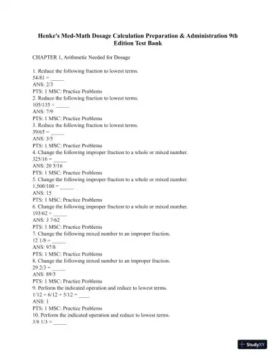 Test Bank for Henke's Med-Math: Dosage Calculation, Preparation, and Administration, 9th Edition (Chapters 1-10) - Page 1 preview image