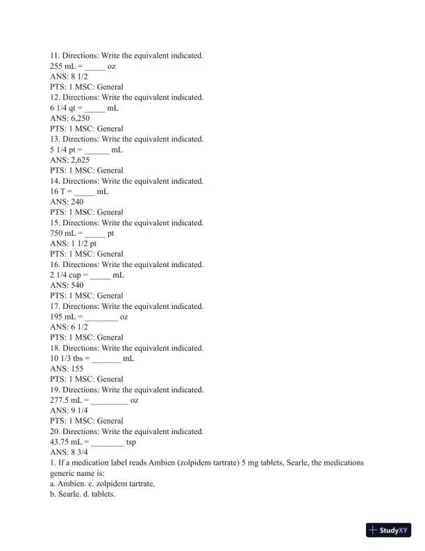 Test Bank for Henke's Med-Math: Dosage Calculation, Preparation, and Administration, 9th Edition (Chapters 1-10) - Page 14 preview image