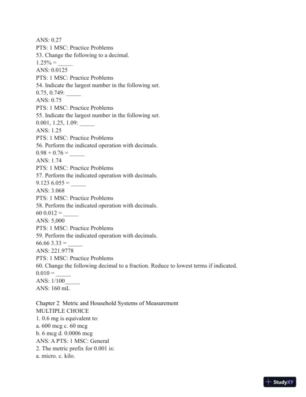 Test Bank for Henke's Med-Math: Dosage Calculation, Preparation, and Administration, 9th Edition (Chapters 1-10) - Page 7 preview image