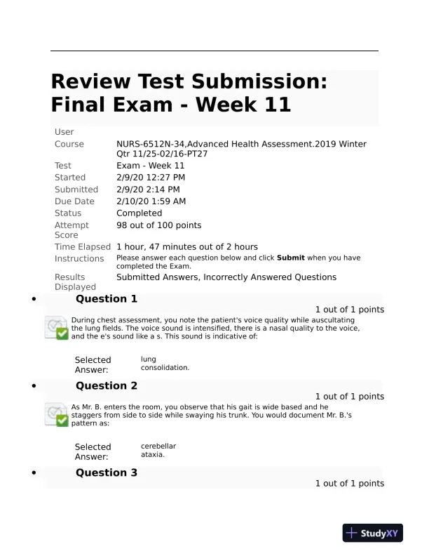 2023-2024 NURS6512 Advanced Health Assessment Final Exam Week 11 With Answers (100 Solved Questions) - Page 3 preview image