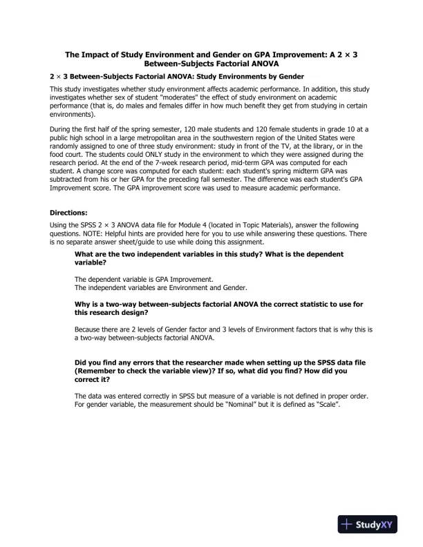 The Impact of Study Environment and Gender on GPA Improvement: A 2 � 3 Between-Subjects Factorial ANOVA - Page 1 preview image