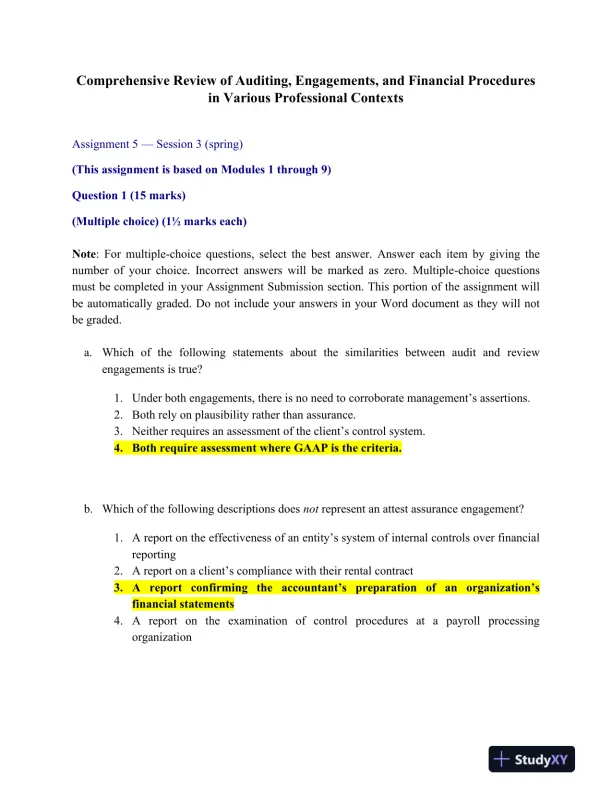 Comprehensive Review of Auditing, Engagements, and Financial Procedures in Various Professional Contexts - Page 1 preview image