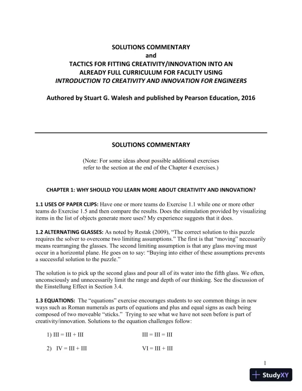 Solution Manual for Introduction to Creativity and Innovation for Engineers, 1st Edition - Page 1 preview image