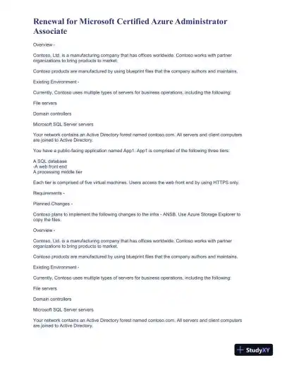 Renewal for Microsoft Certified Azure Administrator Associate Practice Exam with Answers (43 Solved Questions) - Page 1 preview image