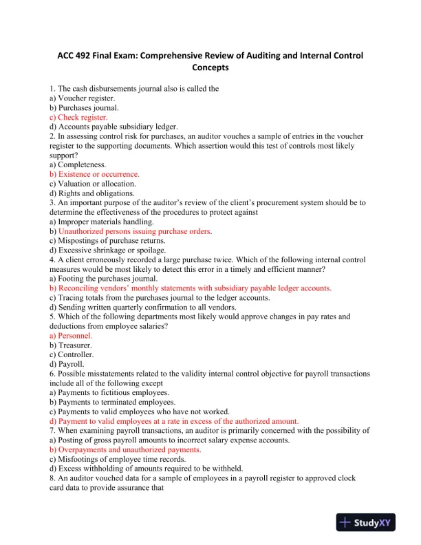 ACC 492 Final Exam: Comprehensive Review of Auditing and Internal Control Concepts - Page 1 preview image