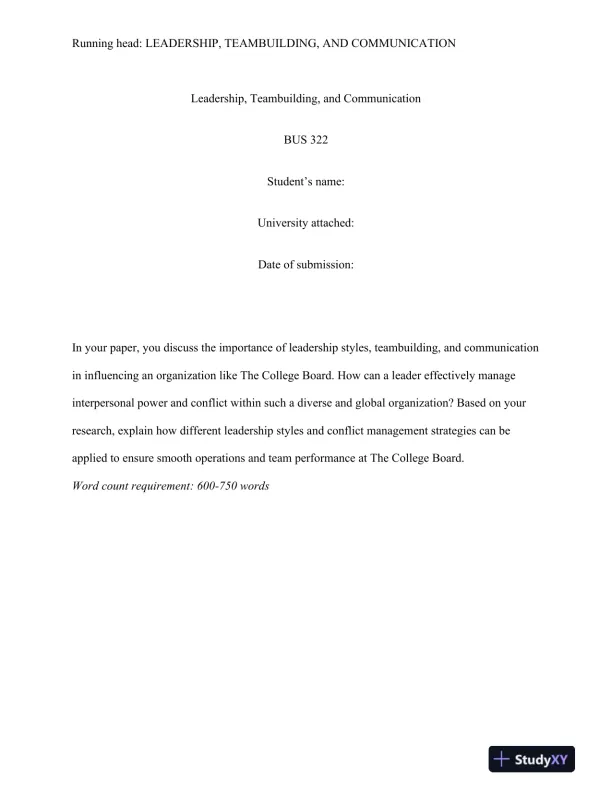 BUS 322 Leadership, Teambuilding, and Communication - Page 1 preview image